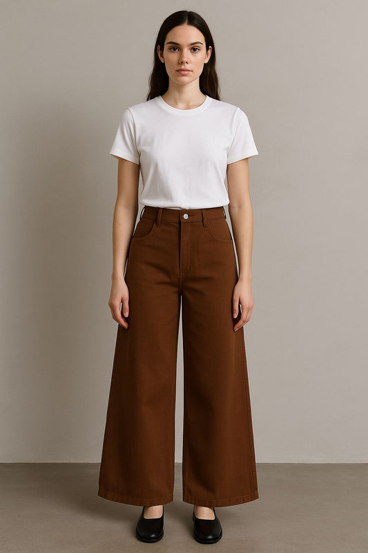 PANTALONE MARRONE PALAZZO TENSIONE IN